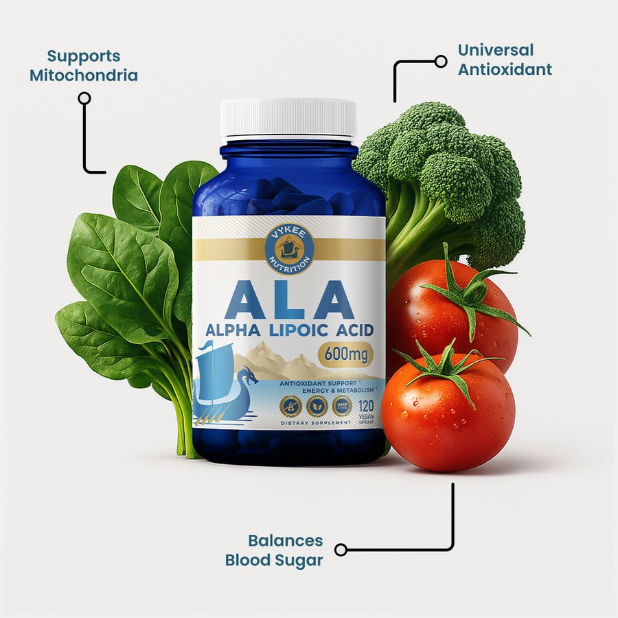 Alpha Lipoic Acid Capsules bottle with benefit callout artwork