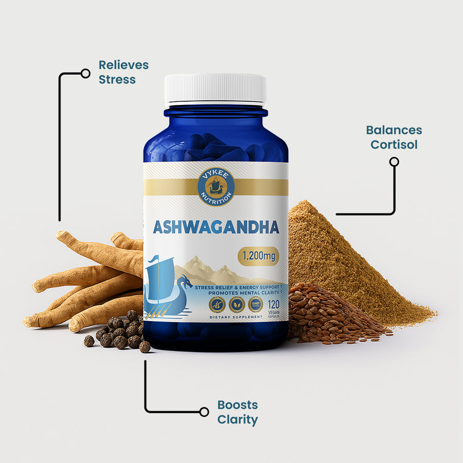 Ashwagandha Capsules bottle with benefit callout artwork