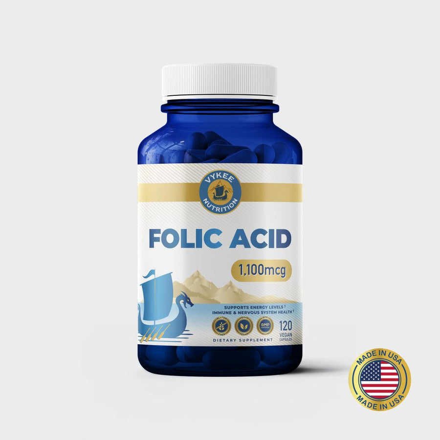 Folic Acid Capsules bottle, navy glass with white and gold Vykee label