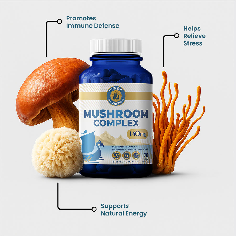 Mushroom Complex Capsules bottle with benefit callout artwork