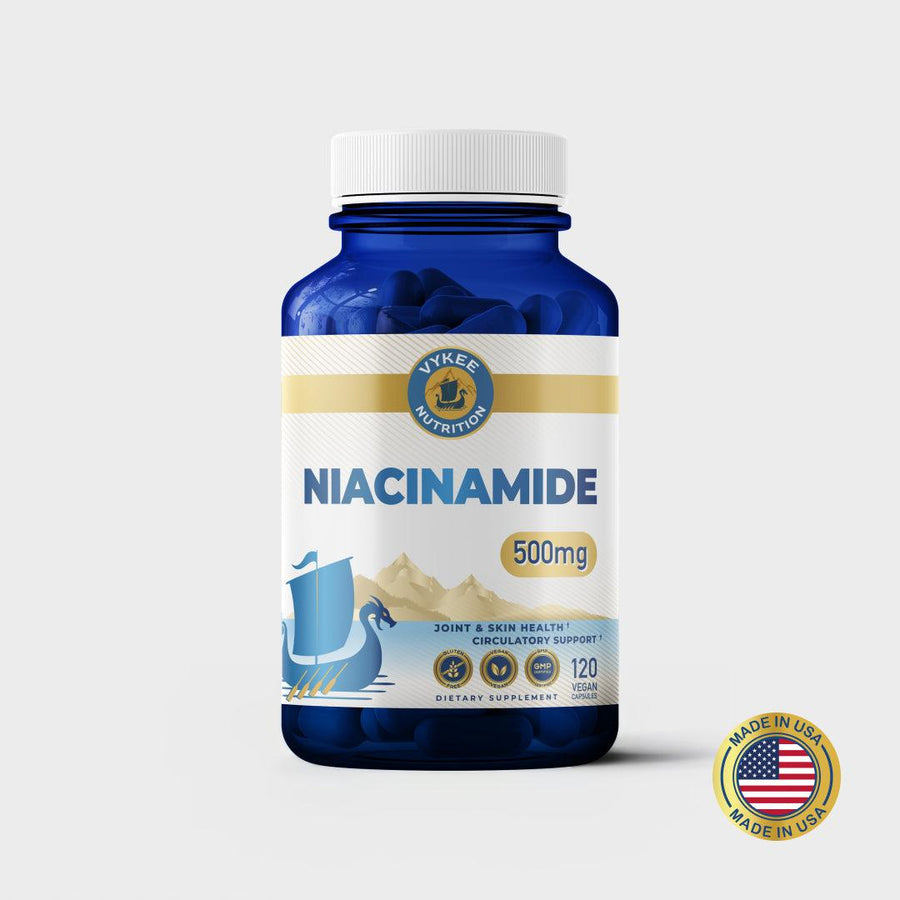 Niacinamide Capsules bottle, navy glass with white and gold Vykee label