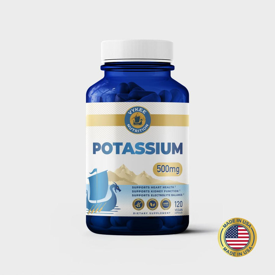 Potassium Capsules bottle, navy glass with white and gold Vykee label