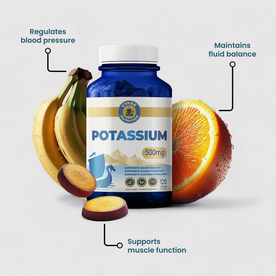 Potassium Capsules bottle with banana and orange benefit artwork