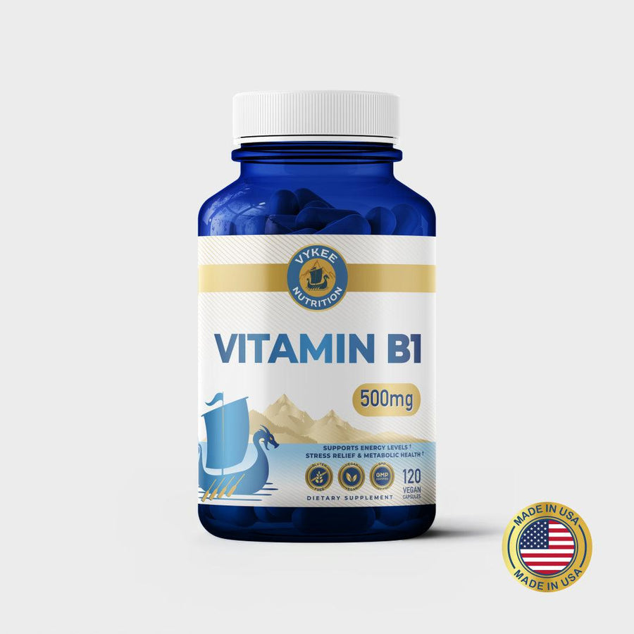 Vitamin B1 Capsules bottle, navy glass with white and gold Vykee label