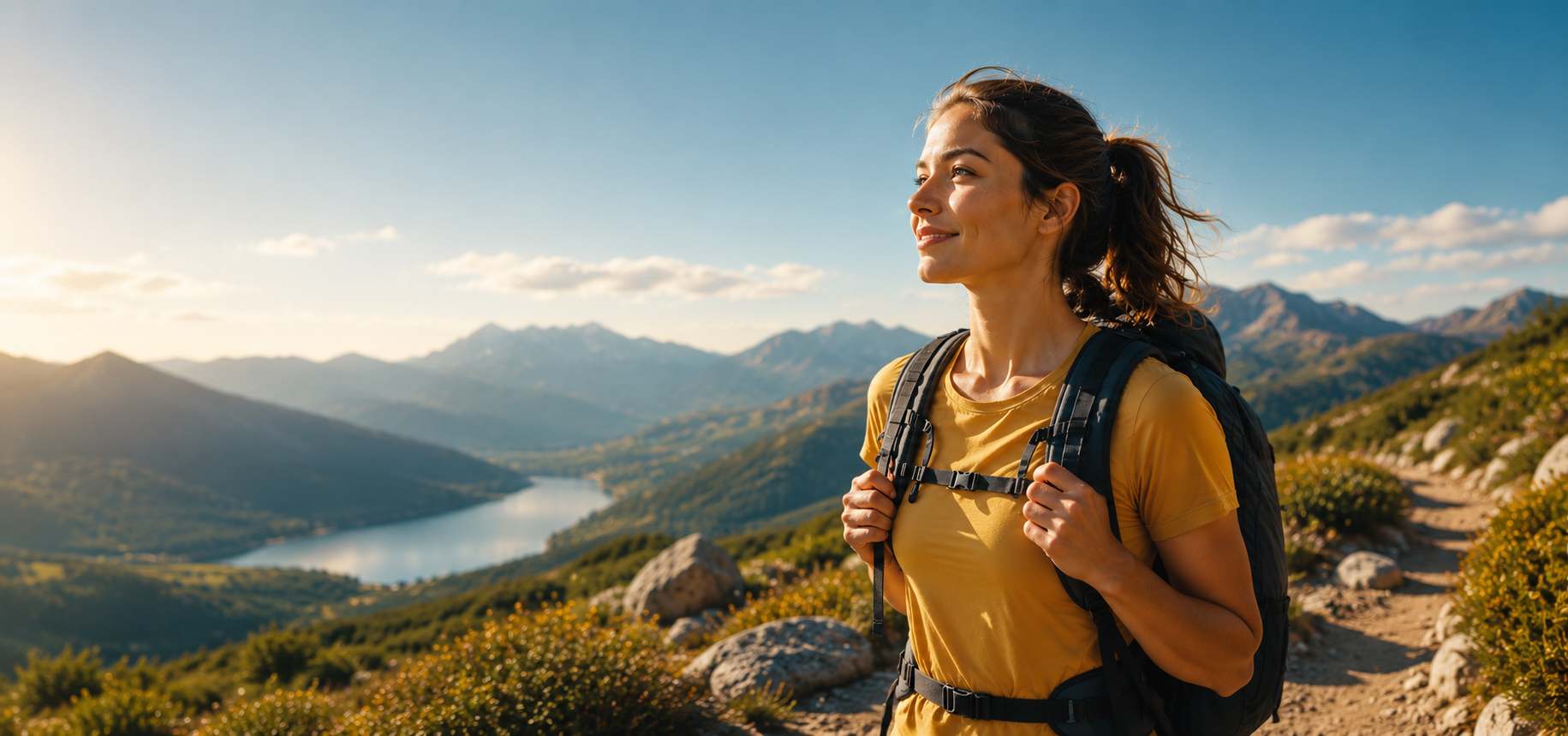 Hiker in a yellow shirt on a mountain trail above a lake at golden hour